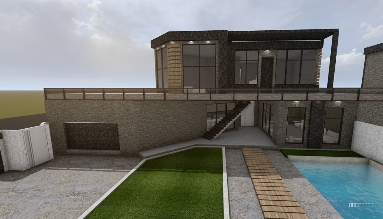 “Render this building exterior with realistic lighting and shadows. Keep all black parts black. Do not change any materials, shapes, or details. Make the lighting subtle but visible from afar.