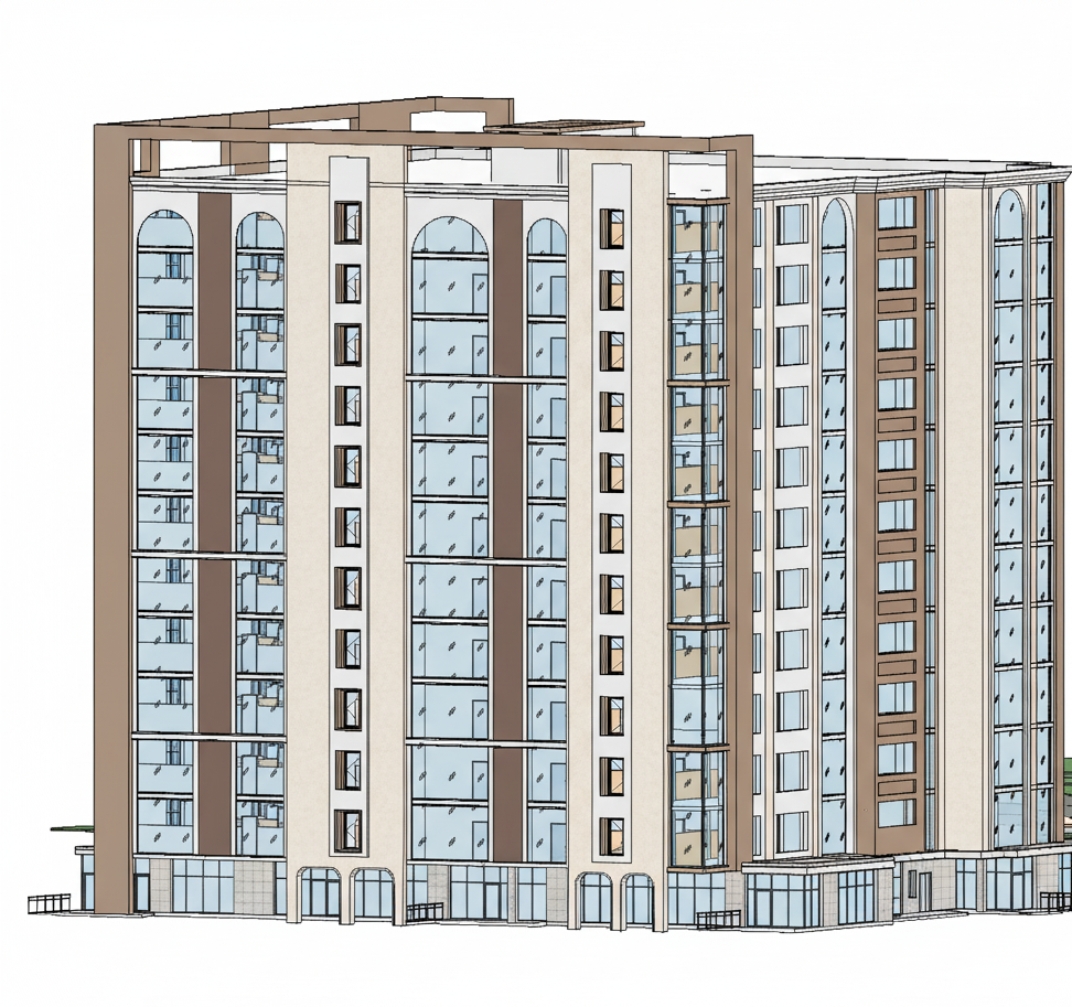 The building façade consists of a combination of refined, warm-toned materials that create a modern yet elegant architectural expression. The main structural elements around the large glass panels are finished with a smooth, matte architectural plaster in a warm coffee-brown shade, giving the vertical volumes a solid and monolithic appearance. Between the large glazing sections, lighter façade surfaces appear—these are coated with a soft, light beige mineral plaster that provides a clean, calm background and emphasizes the rhythm of the windows and decorative elements. The arched vertical niches on the façade are also finished with this light plaster, appearing almost white under warm lighting, which enhances the classical accents integrated into the modern form.

The extensive glass areas are made of high-quality transparent glazing with a slightly cool bluish tint. The glass reflects the sky and surrounding environment with soft, realistic highlights. The window frames and curtain wall systems are composed of slender aluminum profiles in a warm grey-brown tone, complementing the main façade materials. The glazing features a smooth, reflective surface with a subtle softness in the reflections, giving the building a polished and contemporary look.

On the lower commercial level, the façade transitions into large storefront glazing that maintains the same aluminum framing system. The base may include elements of slightly textured porcelain stoneware or smooth cladding panels, providing durability and a sense of stability at street level.

The cornice and upper horizontal detailing appear in a clean white finish, likely made from composite panels or architectural molding elements, contributing visual sharpness and highlighting the roofline. Overall, the materials combine smooth plaster surfaces, warm-toned aluminum profiles, light stone-like finishes, and expansive glazing to create a harmonious, modern façade with a balanced mix of warm and cool visual characteristics.
