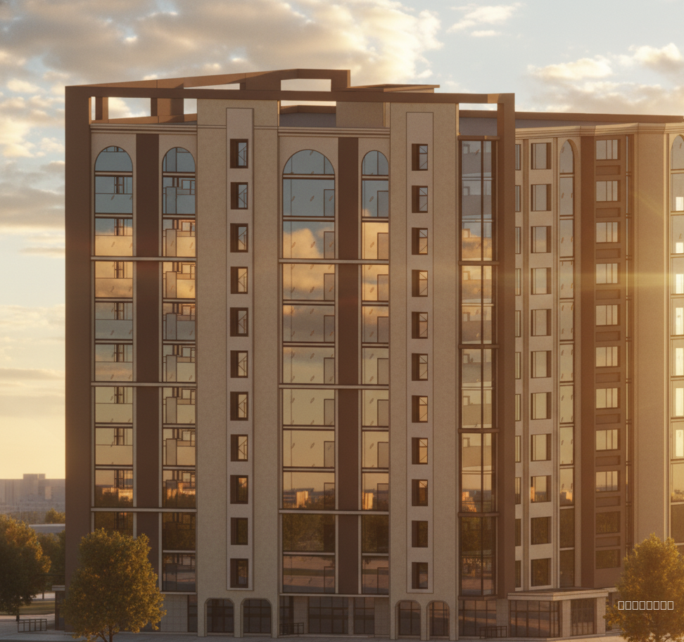 Warm golden hour sky above an urban scene, low sun at 15–20° casting long soft shadows. Stratocumulus clouds with golden edges; clouds clearly reflected on large glass façades with slight blur. Slight volumetric light/god rays through facade openings. Foreground: tiled pedestrian plaza, a few warm-green trees. Distant low buildings soft and desaturated. Color palette: warm ambers and soft blues. High realism, subtle bloom and chromatic aberration, cinematic toning.