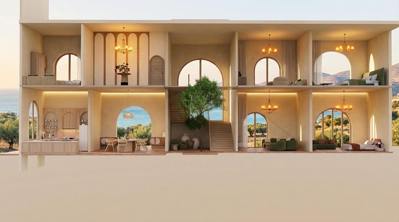 عايزه العفش يبقا فيه بيج و زيتي ازهر الوان السراير و اعمل view ورا الشبابيك حلوه النخفة اللي عند الصفره ممكن نستخدم حاجات شبها و ممن نكبر الشباك اللي عند السلم شوية