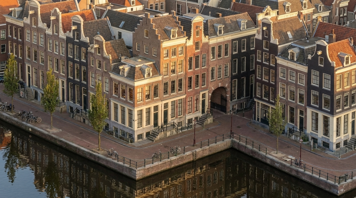 Convert this exact Revit massing into a fully detailed Amsterdam canal-house façade without changing any geometry. Keep the same isometric camera angle exactly as the original view. Apply seventeenth-century Dutch architectural style onto every block by dividing the long façade into narrow vertical bays inspired by real canal houses. Use authentic warm Dutch brick (brown, muted red, dark charcoal) with cream stone trim along corners, edges, and window frames. Add tall vertical windows with thin black mullions, and place stepped, bell, and neck gables only above the existing roof shapes. Convert all plain surfaces into rich brick textures, add cornices at massing offsets, and use recesses as historic alley-like details. Apply a subtle forward tilt (2–3°) to each bay visually, without editing the volumes.

Place a calm reflective canal in front of the full building length, with stone edges, metal railings, bikes, and slim Amsterdam street trees. Use warm golden-hour sunlight with soft reflections on windows and clear isometric reflections in the water. Render in ultra-photorealistic style with crisp textures, natural shadows, warm colors, HDR lighting, and slight filmic imperfections.

Negative prompt: no geometry edits, no modern curtain walls, no futuristic elements, no fisheye, no wrong gables, no unrealistic colors.