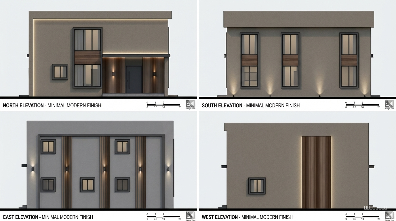 while strictly preserving all dimensions, masses, and the exact locations of doors and windows as in the original model.

The finishing style should be Minimal Modern, with neutral and elegant materials, clean lines, and subtle architectural lighting to enhance the exterior appearance.

Please generate a separate rendering for each of the four façades (North, South, East, West), so that each façade appears as a professional architectural presentation board.

Important notes:

Do not modify any part of the building or add/delete any openings.

Focus solely on finishing and modern touches (colors, materials, lighting, simple details).

The output should look like a polished architectural presentation from a professional design office."*