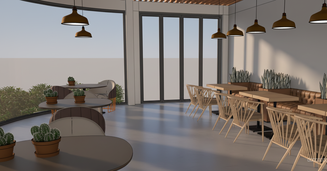 a rendering of a cafe under a modern style company, in the moring