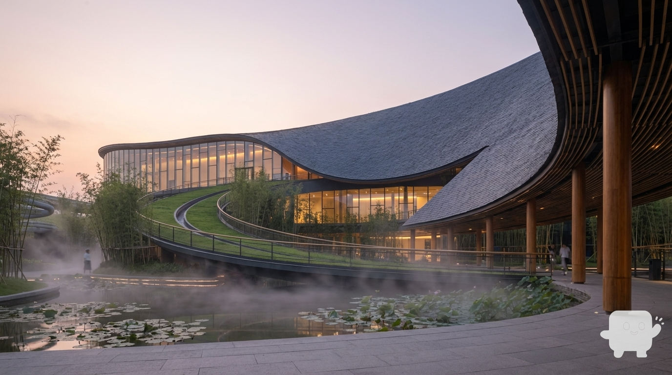 Contemporary architectural complex with a large circular ramp, curved rooflines, wooden columns, glass facades, reflecting pond with water lilies, soft dusk lighting, minimal people, serene atmosphere, high-quality photography.