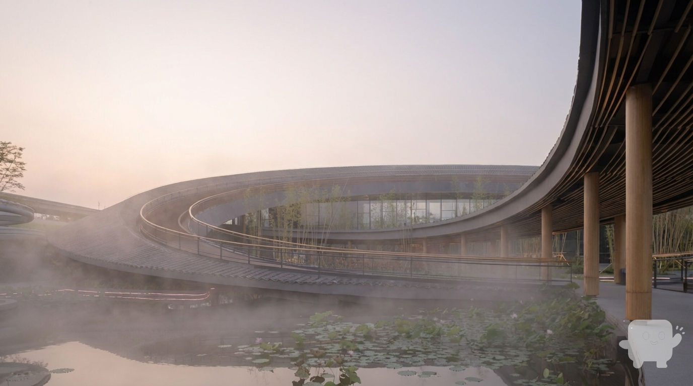 Contemporary architectural complex with a large circular ramp, curved rooflines, wooden columns, glass facades, reflecting pond with water lilies, soft dusk lighting, minimal people, serene atmosphere, high-quality photography.