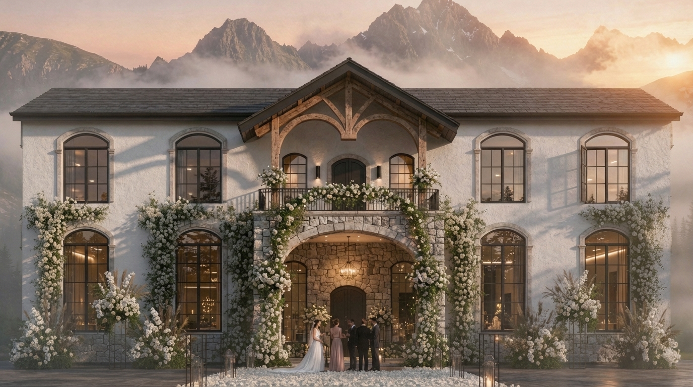 Generate A highly realistic, photorealistic render of the exact same two-story Mediterranean / modern-classic wedding venue shown. Keep the building identical in shape, massing, proportions, roof, windows, façade, and all architectural elements. Maintain the same white textured stucco, arched black windows, stone trims, and full floral installations climbing along the façade. Enhance realism with natural sunrise lighting, soft shadows, volumetric atmosphere, sharp material texturing, and accurate reflections in the glass. Modify only the heavy timber truss above the balcony: keep its structure the same, but make the bottom chord gently curved to aesthetically match the arches on the façade, while keeping all other truss members unchanged. Add a few elegant, well-dressed wedding guests walking or standing near the entrance to give realistic scale and liveliness, ensuring they look natural and not staged. Keep the mountain background, fog, floral arrangements, and overall composition exactly the same. Ultra-realistic 8K render, global illumination, depth of field, crisp shadows, physically accurate lighting.