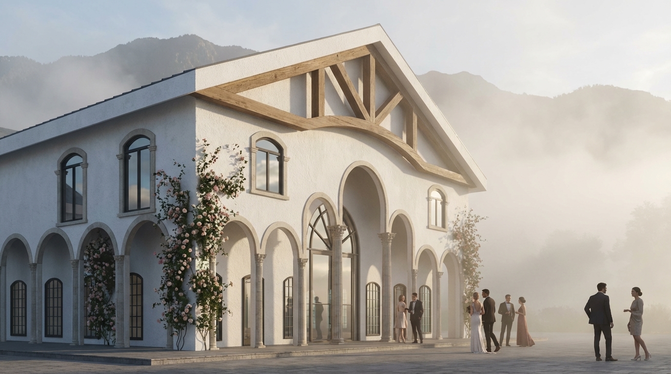 Generate A highly realistic, photorealistic render of the exact same two-story Mediterranean / modern-classic wedding venue shown. Keep the building identical in shape, massing, proportions, roof, windows, façade, and all architectural elements. Maintain the same white textured stucco, arched black windows, stone trims, and full floral installations climbing along the façade. Enhance realism with natural sunrise lighting, soft shadows, volumetric atmosphere, sharp material texturing, and accurate reflections in the glass. Modify only the heavy timber truss above the balcony: keep its structure the same, but make the bottom chord gently curved to aesthetically match the arches on the façade, while keeping all other truss members unchanged. Add a few elegant, well-dressed wedding guests walking or standing near the entrance to give realistic scale and liveliness, ensuring they look natural and not staged. Keep the mountain background, fog, floral arrangements, and overall composition exactly the same. Ultra-realistic 8K render, global illumination, depth of field, crisp shadows, physically accurate lighting.