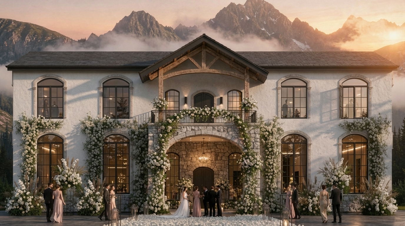 Generate A highly realistic, photorealistic render of the exact same two-story Mediterranean / modern-classic wedding venue shown. Keep the building identical in shape, massing, proportions, roof, windows, façade, and all architectural elements. Maintain the same white textured stucco, arched black windows, stone trims, and full floral installations climbing along the façade. Enhance realism with natural sunrise lighting, soft shadows, volumetric atmosphere, sharp material texturing, and accurate reflections in the glass. Modify only the heavy timber truss above the balcony: keep its structure the same, but make the bottom chord gently curved to aesthetically match the arches on the façade, while keeping all other truss members unchanged. Add a few elegant, well-dressed wedding guests walking or standing near the entrance to give realistic scale and liveliness, ensuring they look natural and not staged. Keep the mountain background, fog, floral arrangements, and overall composition exactly the same. Ultra-realistic 8K render, global illumination, depth of field, crisp shadows, physically accurate lighting.