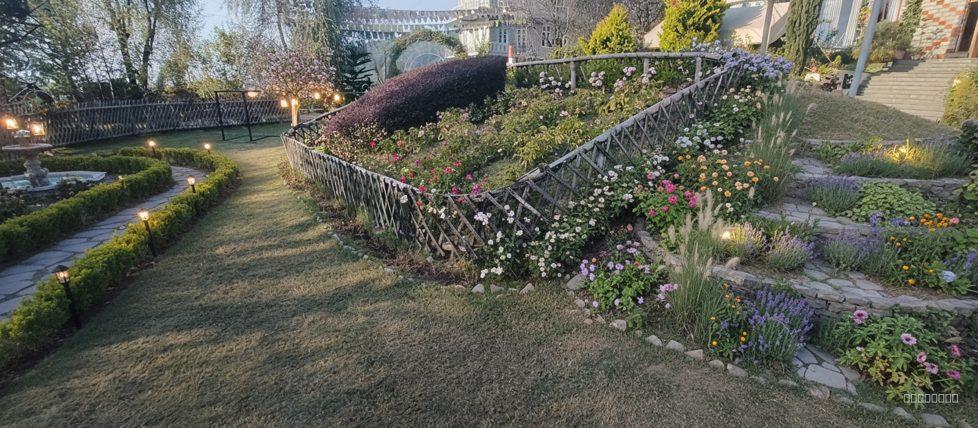 Make it evening shot enhance facade give a complete landscape overhaul