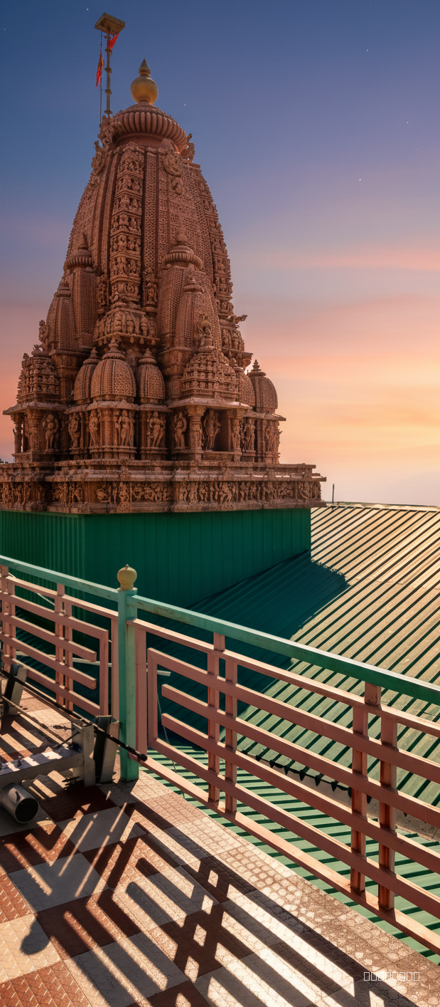 Enhance roof of this make it 100x better hindu temple shikhara and make in evening mood