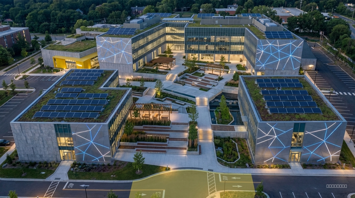 I have two images of the project, one of which is a top view. I want you to design the exterior façades so that the building clearly reflects its function as an Artificial Intelligence and Technology Research Center. I also want a landscape design where the central mass consists of organized outdoor seating areas arranged at different levels, surrounded by pathways and stairways that connect the building masses together, serving as a breathing space for the surrounding structures. The yellow mass will serve as the reception area, and the highlighted ground zone represents the vehicle entrance into the site.