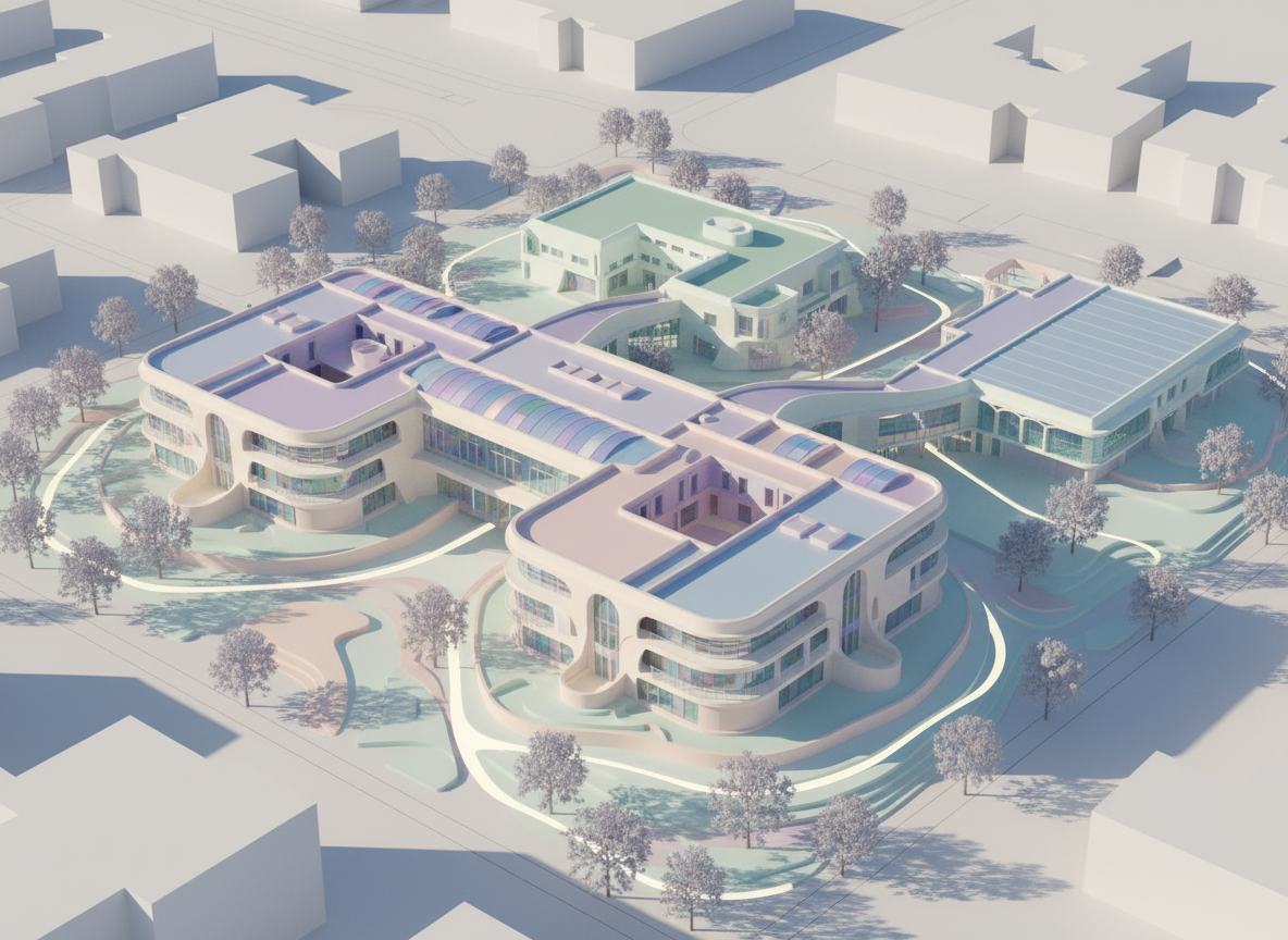 generate a 3d massing for this school, pastel colours , futuristic alien style (image ET movie
 but elf county)