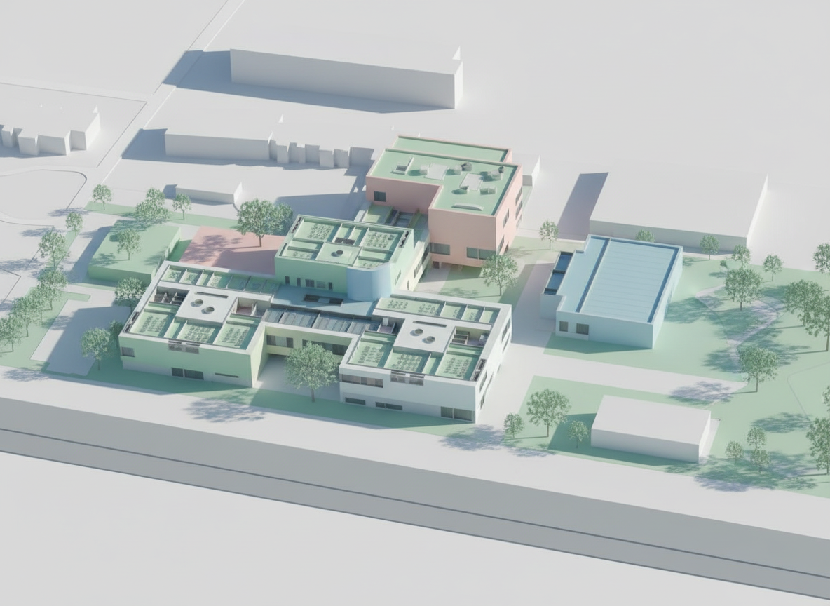 generate a 3d massing for this school, pastel colours , futuristic contemporary 