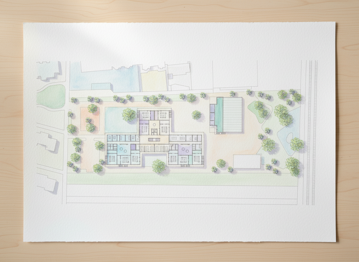 render this floor plan, water colour and add pastel colours palette, texture paper , orthro top view 