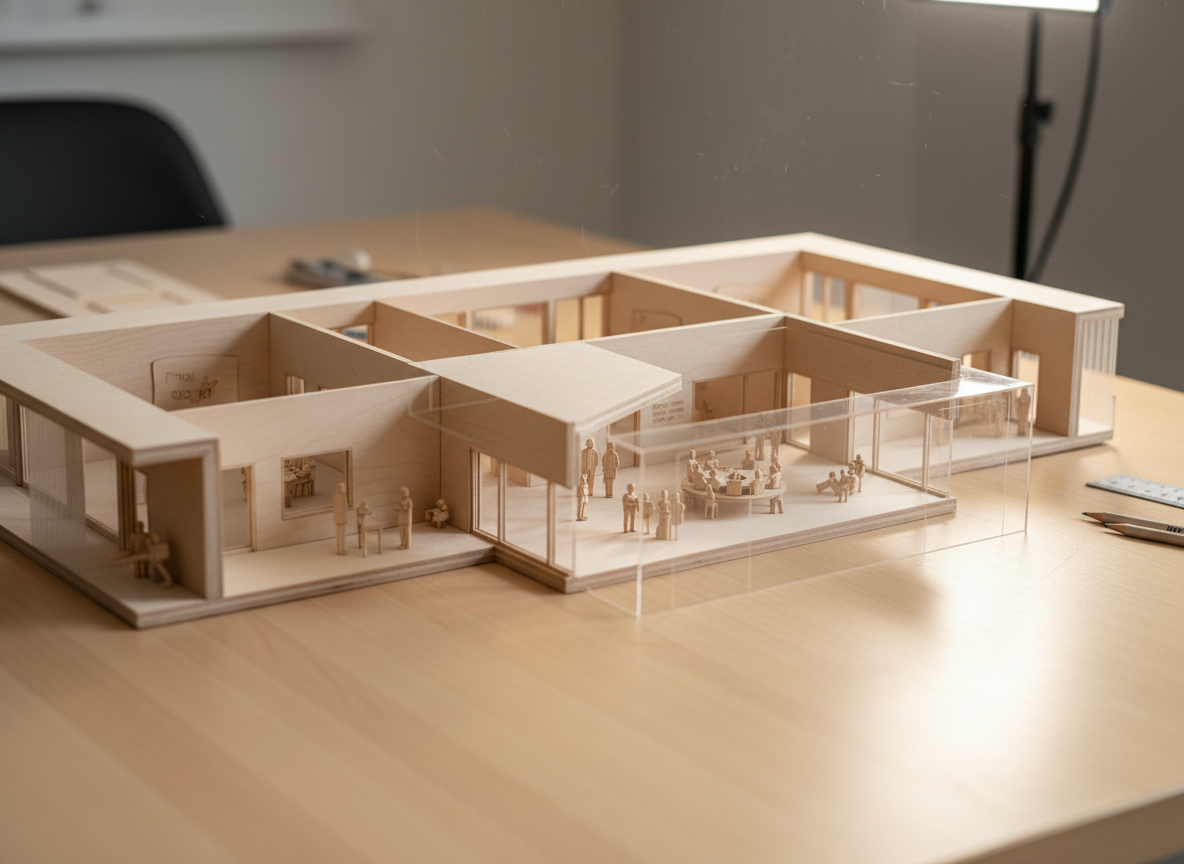 make it like  a wooden model placed on top of table showing cross section of a building close up macro shot