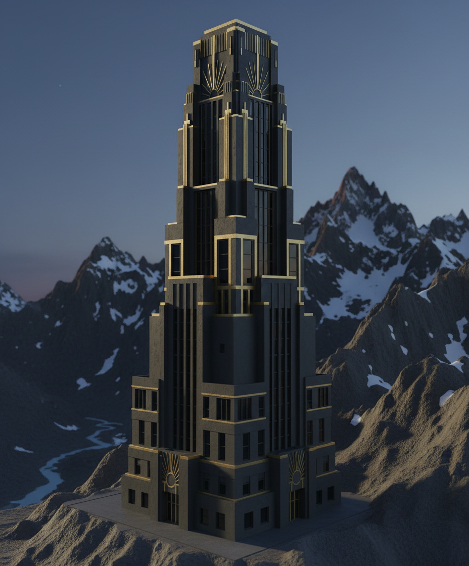 make this art deco and in dark colour, golden accents in mountain view
