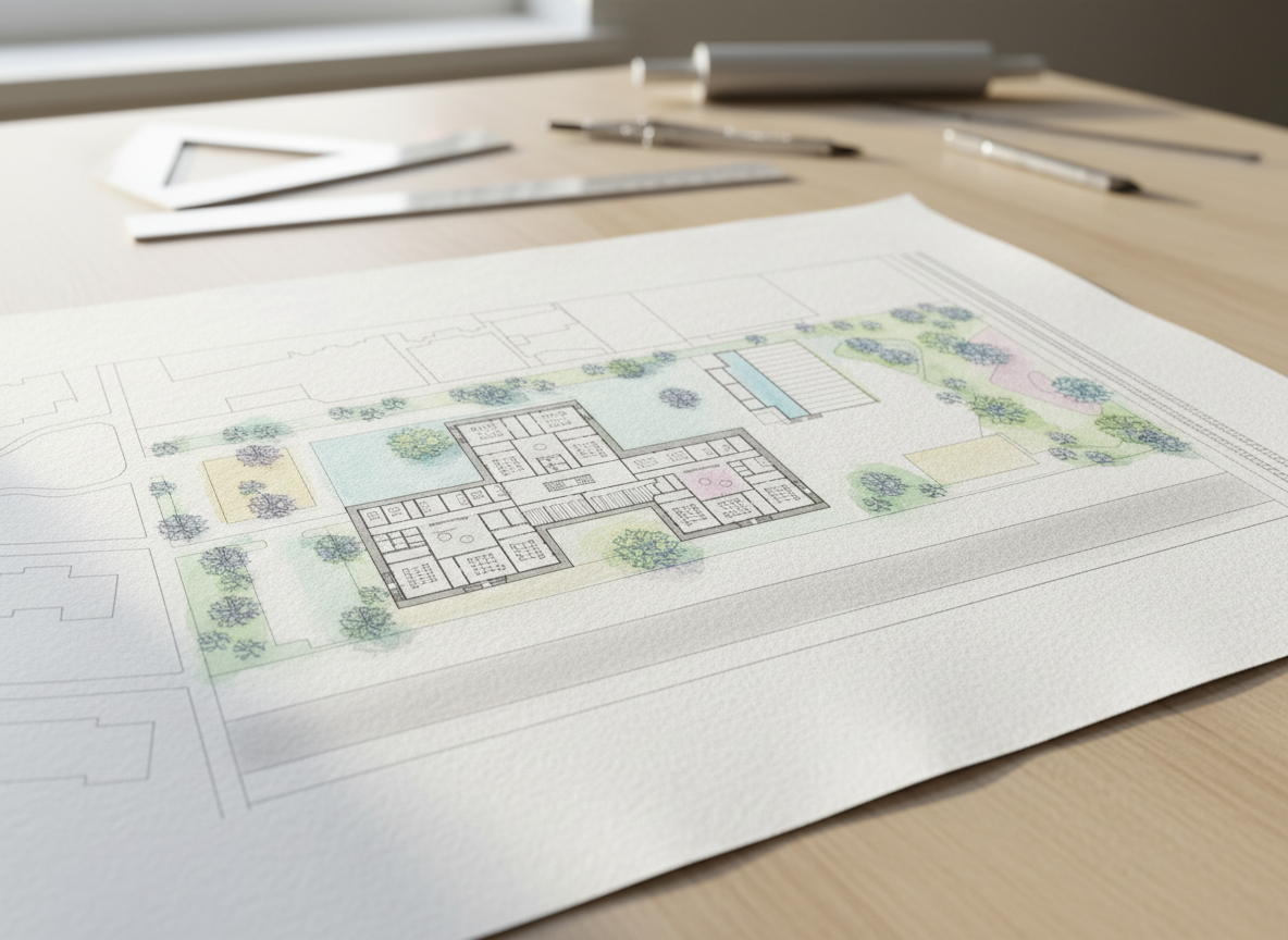 render this floor plan, water colour and add pastel colours palette, texture paper 
