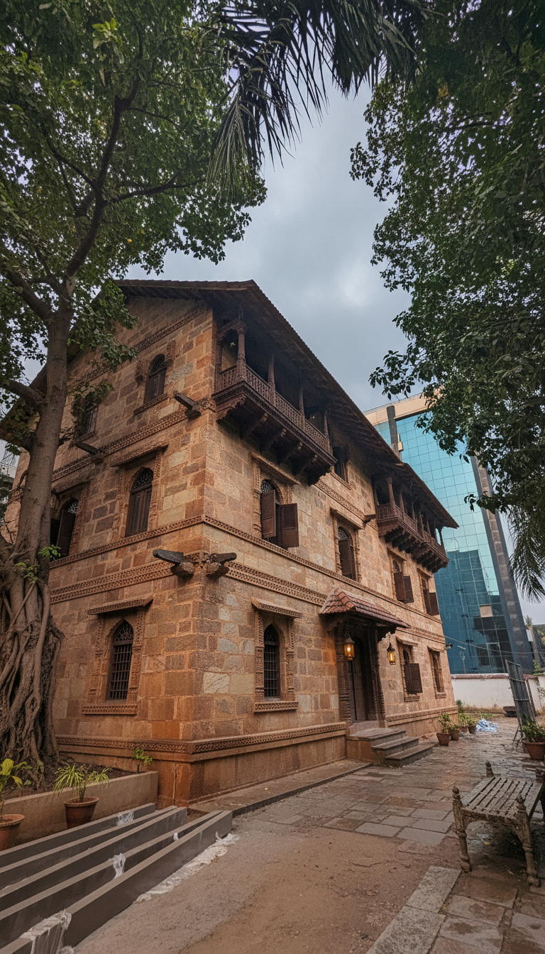 finish this building up , make it realistic view, make it rustic tradional indian rustic  , overcast evening 