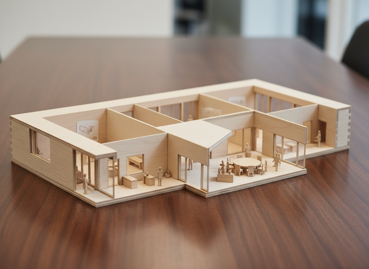 make it like  a wooden model placed on top of table showing cross section of a building close up macro shot, isometric view 