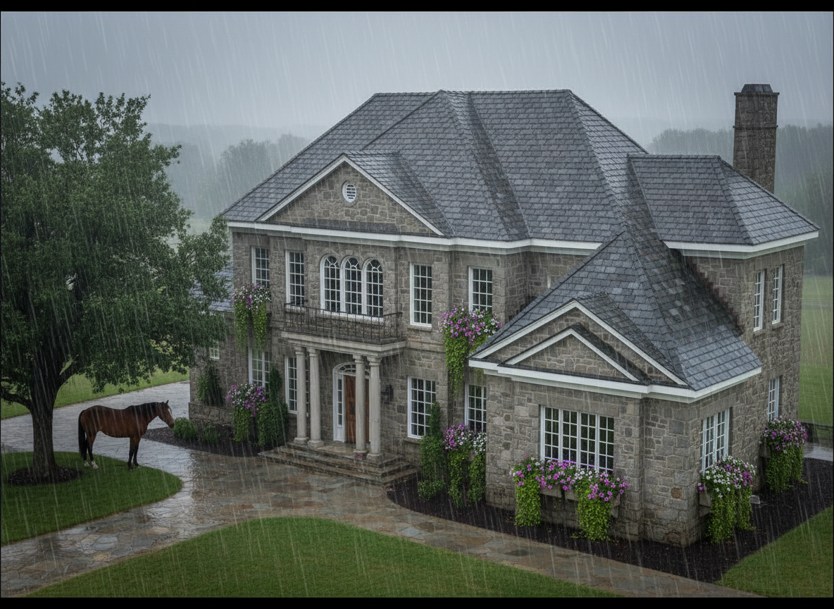 make it photorealistic view, isometric view, slate roof, and stone walls , frenchie style windows, planters outside , early morning with a horse and its raining hard