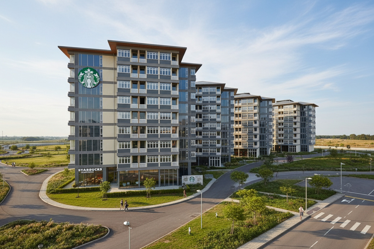 make it realistic housing society with starbucks logo on it, thisd is starbucks appartments
