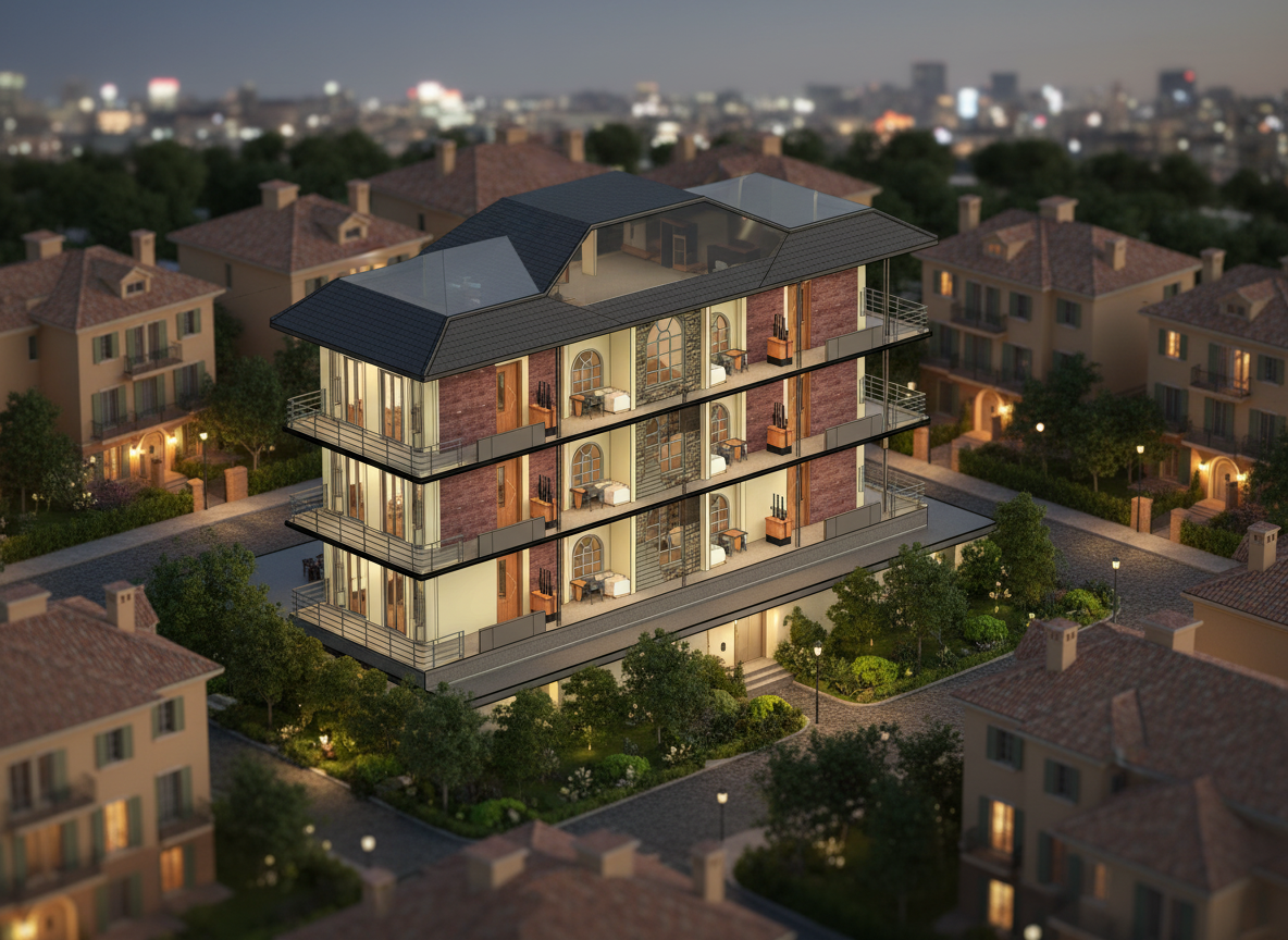 turn this section into an isometric realtime render , photorealstic, showing cross section of this building, in iso 45 angle top, make it photoreal and evening shot, with vegetation and group housing like context below building