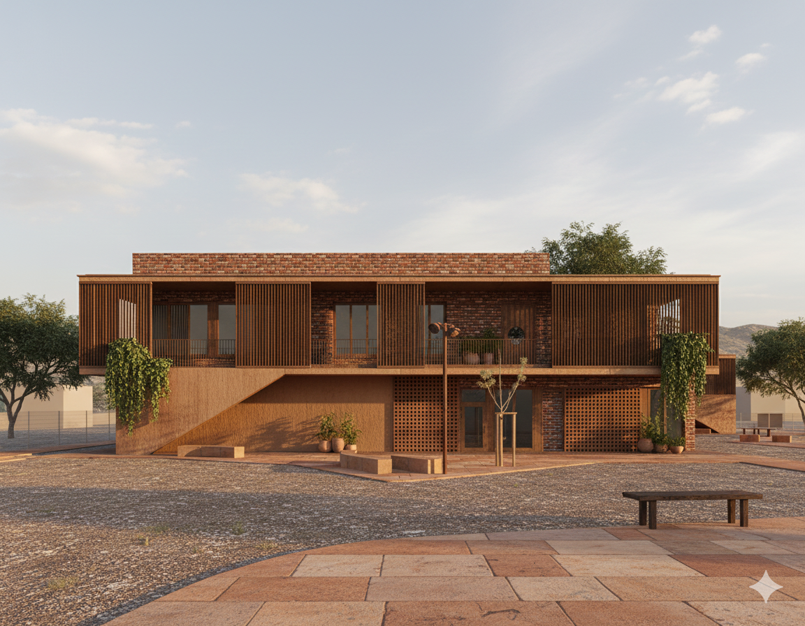 make this in indian rusti style, modern bricks and terracota