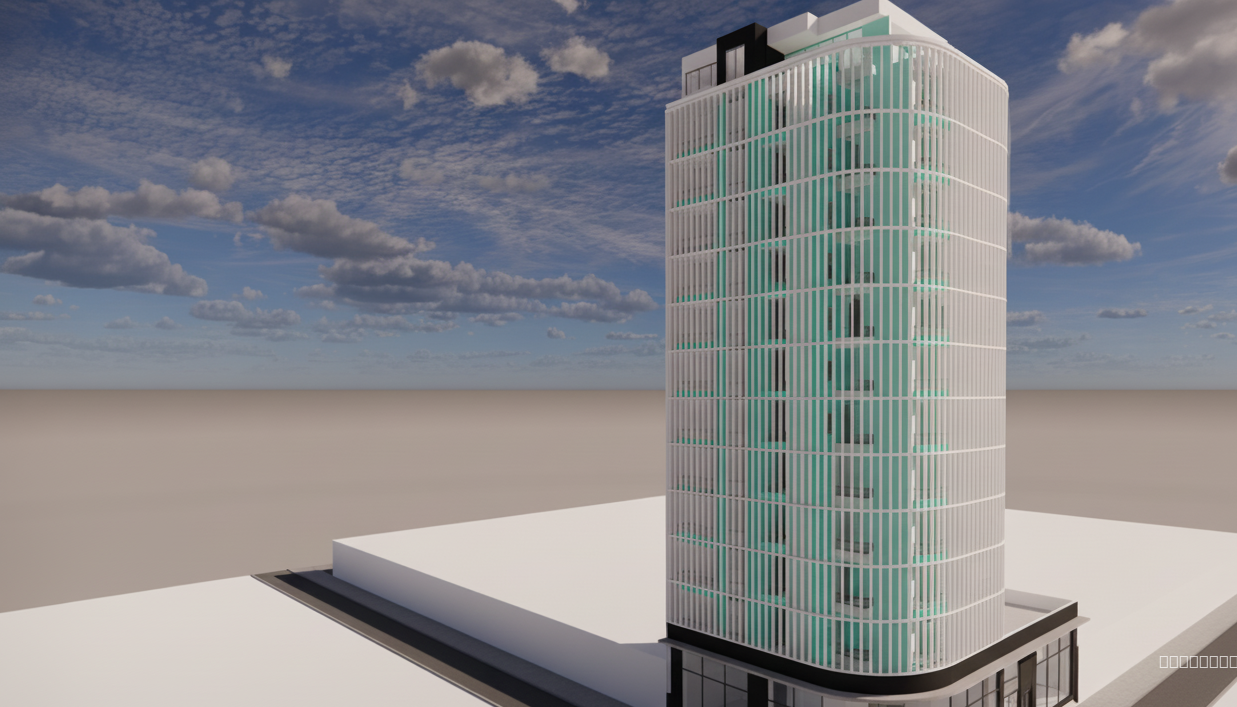 I don't like the red color so take that out and make the glass a beautiful aqua glass and add reflection to it. Take the sun breaker out and add more floors for the commercial purpose. and please be creative. 