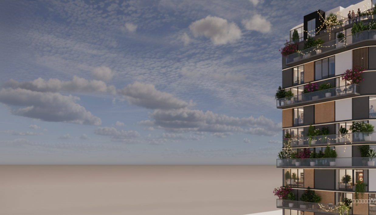 Okay add balconies. Make it really beautiful and lively. Give me a totally different version.