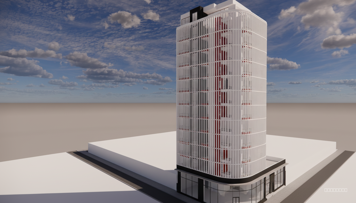 I want a modern facade design. The building is found on the corner of an urban block. Make the front corner curved as the road is curved. It's a mixed apartment with the first few floors are commercial. Design a sun breaker for the front only. 