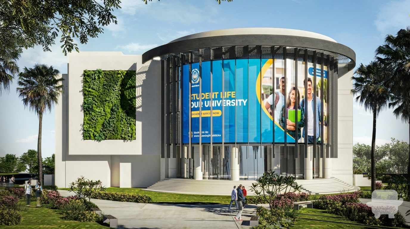 i have 2 images one is an old render,, the second is the new design of the same building but just a grab viewpoert from 3d max,, i need the new design to be rendered like the old one and to take the same landscape and steps under the cylinder exactly,, nothat the orange cylinder is now a digital screen showing student life ad in a university and the green rectangle beside it is a green wall,, i need same old good render