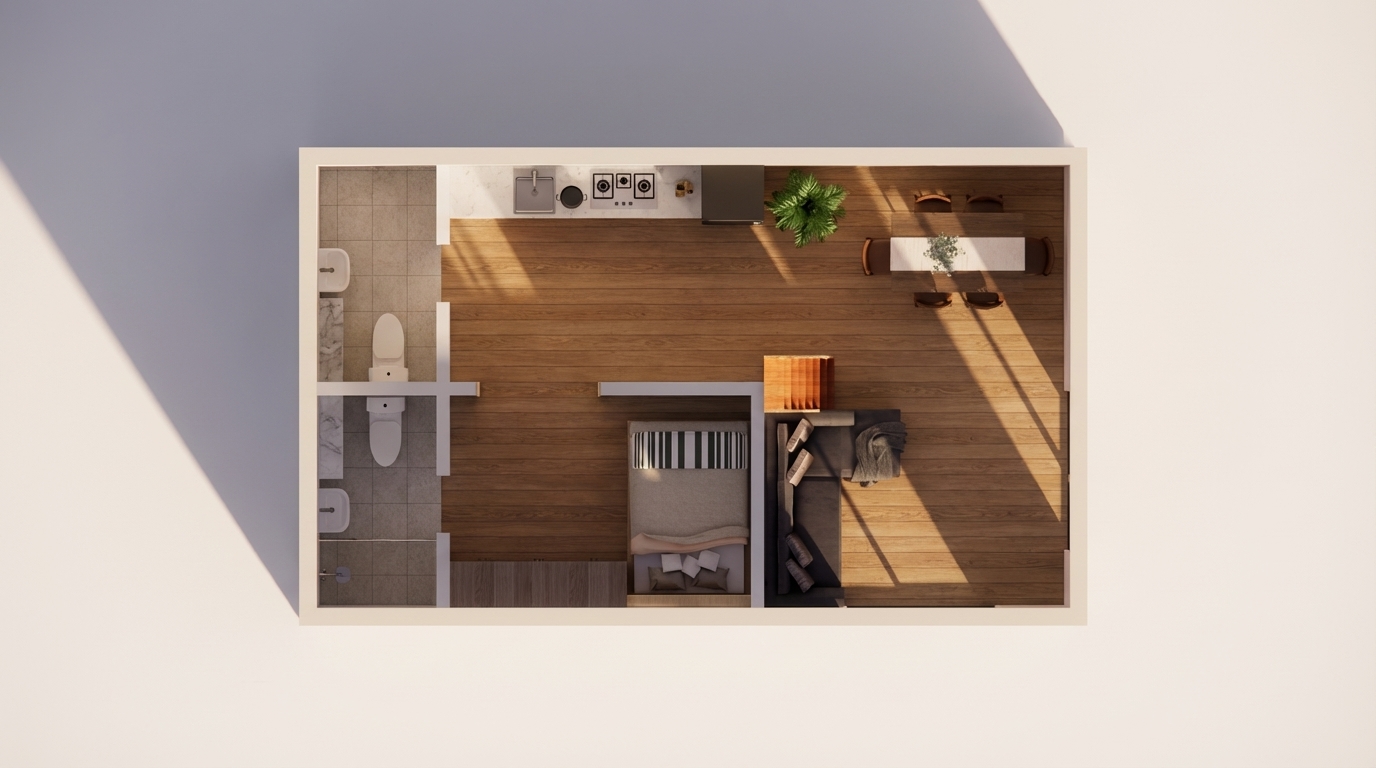 Enhance the existing container house floor plan while keeping the original layout and dimensions unchanged. Improve all materials to look more realistic and high-quality. Upgrade the flooring to realistic warm wood texture. Enhance furniture details including the bed, sofa, dining table, chairs, kitchen counter, and bathroom fixtures to look modern and high-end. Add soft natural shadows and highlights for depth. Improve the indoor plant to look realistic and healthy. Enhance walls to have a clean, light neutral tone. Sharpen edges and add subtle depth for a professional architectural presentation look. Keep everything minimal, modern, clean, and well-organized.

Style: Ultra-realistic top view, architectural visualization, clean, modern, high-resolution

“Do not change the layout, furniture position, or wall locations. Only enhance textures, lighting, and realism.”