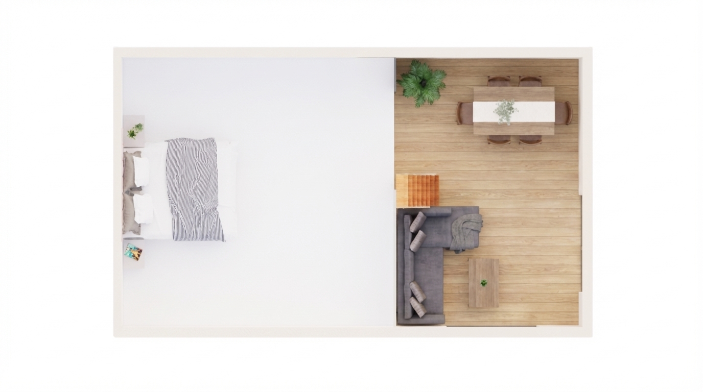 Remove all shadows inside the interior floor plan and make the entire space evenly lit. Apply bright, flat, and uniform lighting across all rooms. Increase exposure and clarity to make every object, furniture, and wall edge clearly visible. Maintain the original layout, furniture placement, walls, and dimensions exactly as they are. Enhance textures to remain visible but subtle. Keep the overall look clean, crisp, and presentation-ready, similar to a professional architectural drawing with realistic finishes but no deep shading. Style: High brightness, no shadows, clean top-view, ultra-clear, modern, minimal Make the image look like a bright architectural plan board with soft, diffused white lighting and zero harsh contrast.