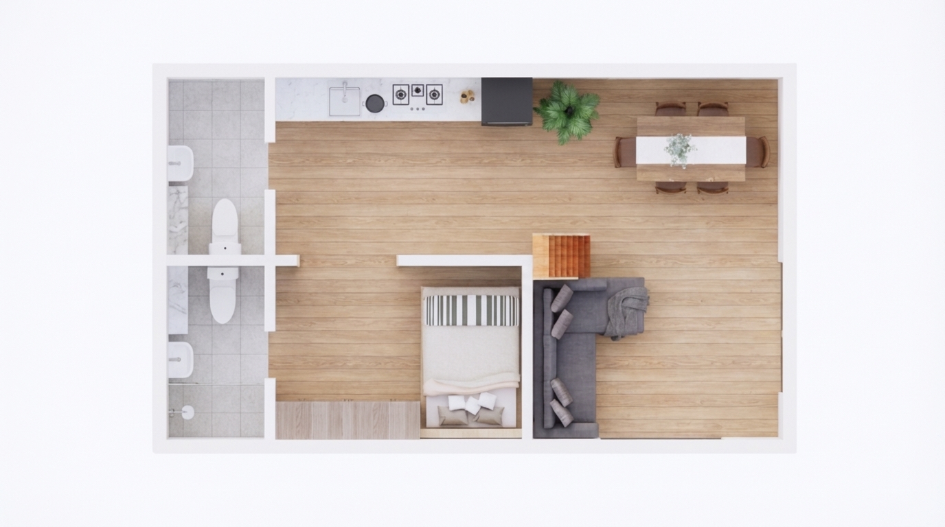 Remove all shadows inside the interior floor plan and make the entire space evenly lit. Apply bright, flat, and uniform lighting across all rooms. Increase exposure and clarity to make every object, furniture, and wall edge clearly visible. Maintain the original layout, furniture placement, walls, and dimensions exactly as they are. Enhance textures to remain visible but subtle. Keep the overall look clean, crisp, and presentation-ready, similar to a professional architectural drawing with realistic finishes but no deep shading.

Style: High brightness, no shadows, clean top-view, ultra-clear, modern, minimal

Make the image look like a bright architectural plan board with soft, diffused white lighting and zero harsh contrast.