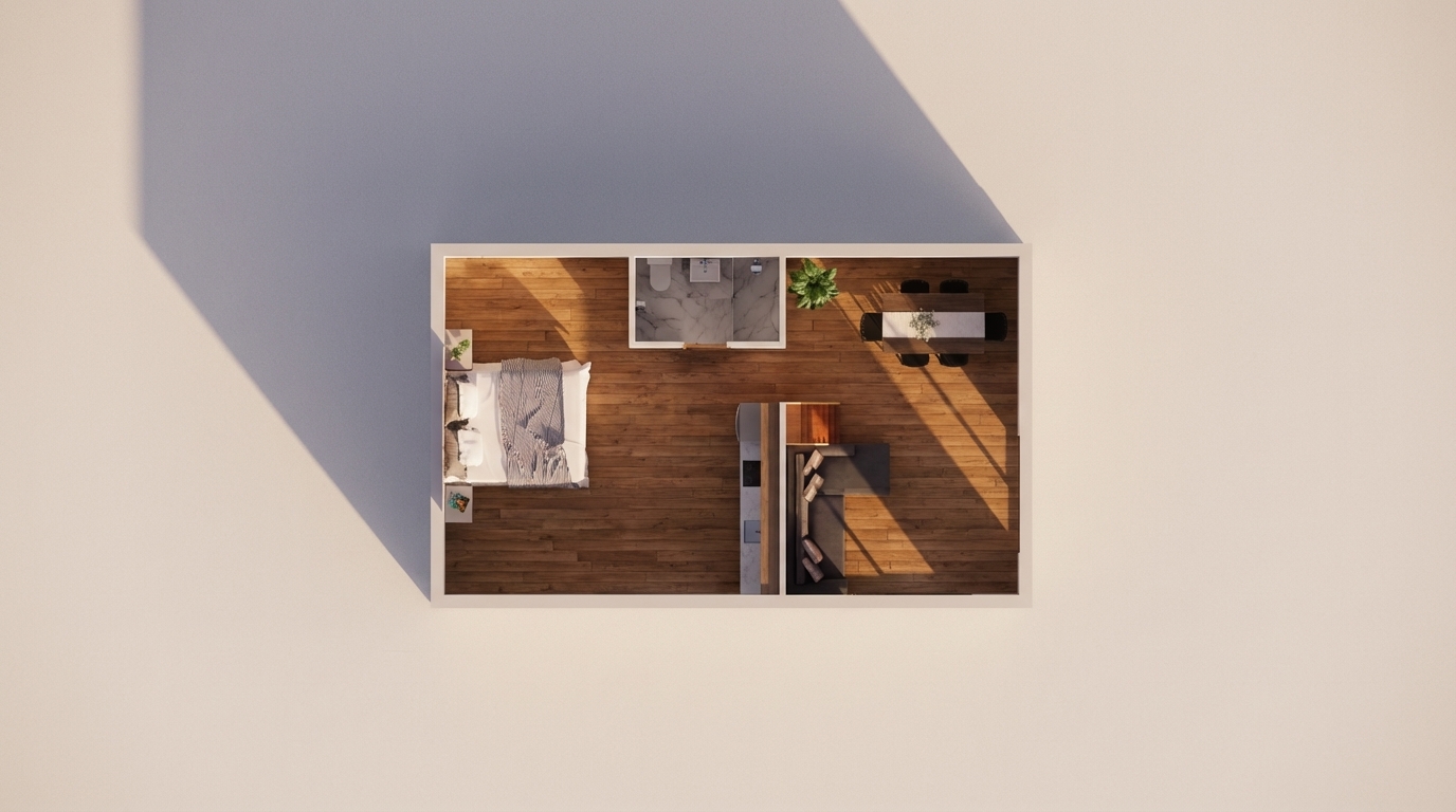 Enhance the existing container house floor plan while keeping the original layout and dimensions unchanged. Improve all materials to look more realistic and high-quality. Upgrade the flooring to realistic warm wood texture. Enhance furniture details including the bed, sofa, dining table, chairs, kitchen counter, and bathroom fixtures to look modern and high-end. Add soft natural shadows and highlights for depth. Improve the indoor plant to look realistic and healthy. Enhance walls to have a clean, light neutral tone. Sharpen edges and add subtle depth for a professional architectural presentation look. Keep everything minimal, modern, clean, and well-organized.

Style: Ultra-realistic top view, architectural visualization, clean, modern, high-resolution. “Do not change the layout, furniture position, or wall locations. Only enhance textures, lighting, and realism.”