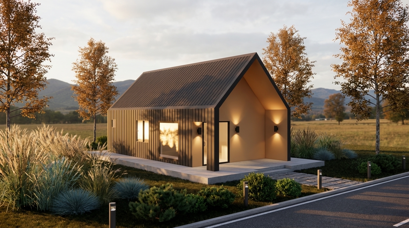 Cinematic architectural enhancement of an existing container house. Add realistic landscaping around the structure, including tall ornamental grasses, low shrubs, small bushes, and a few medium-height trees surrounding the site. Place a concrete platform base with a subtle step-up entrance. Add a narrow stone pathway and a clean asphalt road in the foreground. Install modern minimal bollard lights along the road and walkway. Add warm exterior wall lights on the facade to create a cozy glow. Enhance natural sunlight to golden hour, with soft shadows, warm tones, and realistic reflections on the glass windows. Add distant mountains, open field, and trees in the background under a slightly cloudy sky. Make the scene modern, calm, eco-friendly, and photorealistic.

Render style: Ultra-realistic, cinematic, 4K, depth of field, soft shadows, HDR lighting, realistic textures, professional architectural visualization. “Keep the original structure unchanged. Only enhance environment, lighting, plants, and atmosphere.”