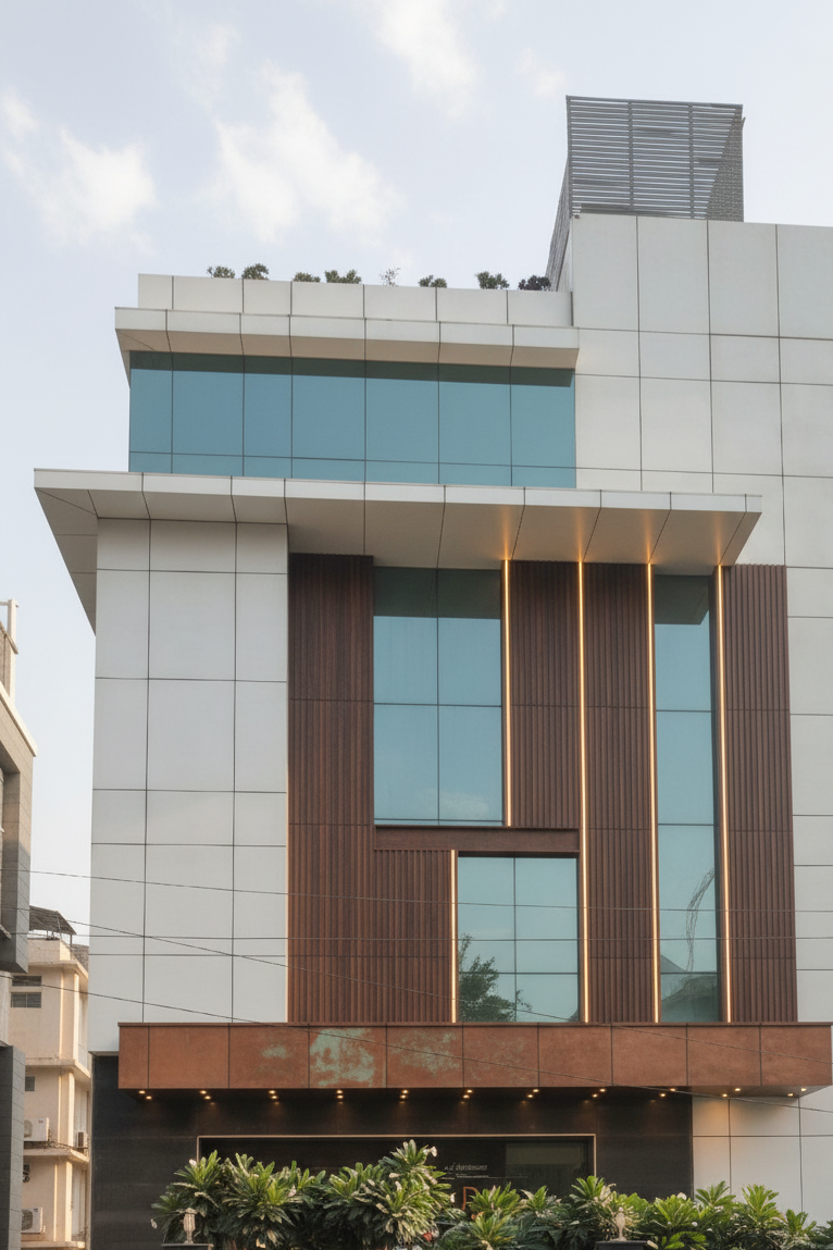 "Reimagine the office building facade in a contemporary architectural style, focusing on a complete facade overhaul. Envision a design featuring a dynamic interplay of materials: brushed aluminum panels (RAL 9006), interspersed with vertical cedar wood slats (stained dark walnut), and expansive floor-to-ceiling glazing with low-E coating. Introduce a cantilevered canopy extending 10 feet from the entrance, clad in copper panels with a naturally aged patina.

The facade should incorporate integrated LED lighting strips along the vertical cedar elements, casting a warm glow at dusk. Design a photographic composition emphasizing strong vertical lines and a balanced asymmetry. The perspective should be a ground-level shot, capturing the building's first five stories, with a focus on the material transitions and the play of light and shadow. The sky should be partially cloudy, creating soft, diffused light. Aim for a hyperrealistic rendering with attention to material textures and reflections."