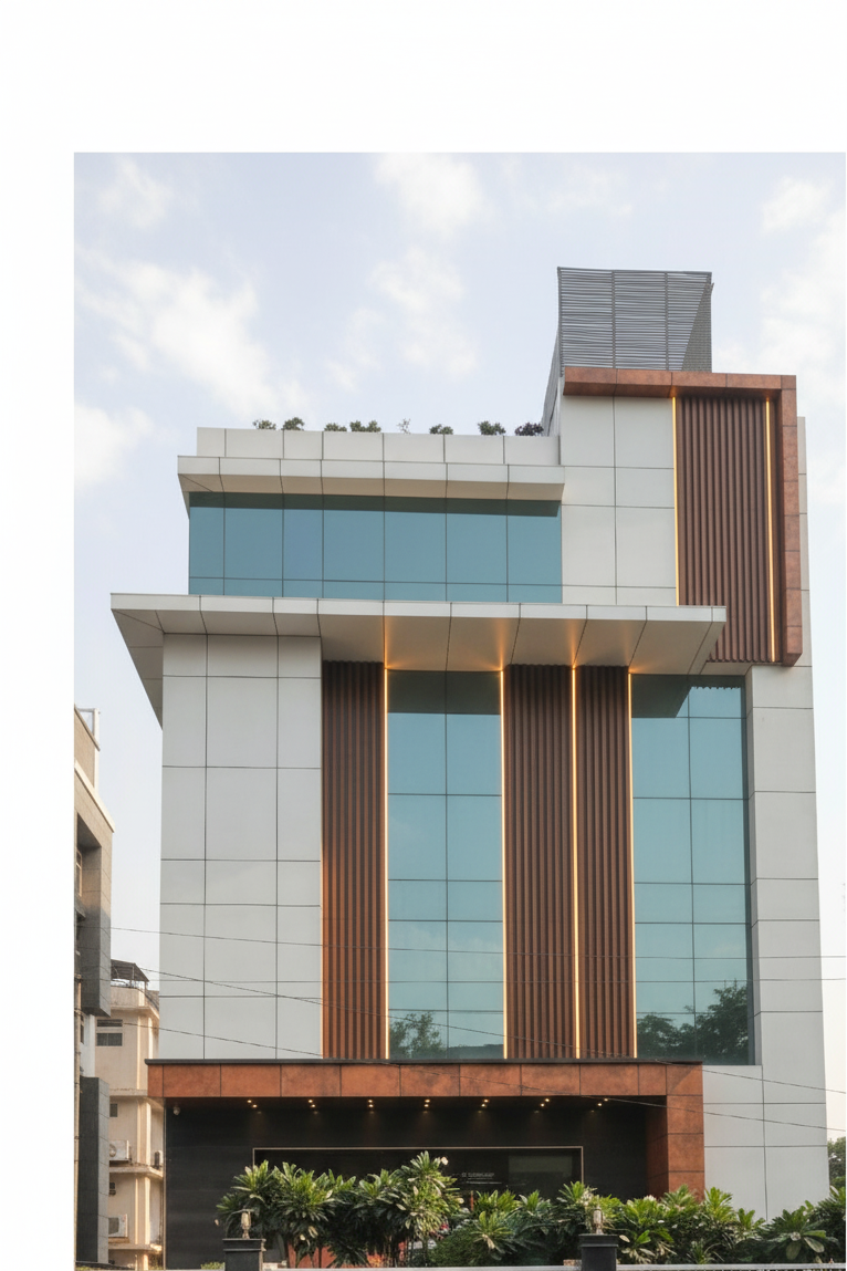 "Reimagine the office building facade in a contemporary architectural style, focusing on a complete facade overhaul. Envision a design featuring a dynamic interplay of materials: brushed aluminum panels (RAL 9006), interspersed with vertical cedar wood slats (stained dark walnut), and expansive floor-to-ceiling glazing with low-E coating. Introduce a cantilevered canopy extending 10 feet from the entrance, clad in copper panels with a naturally aged patina.

The facade should incorporate integrated LED lighting strips along the vertical cedar elements, casting a warm glow at dusk. Design a photographic composition emphasizing strong vertical lines and a balanced asymmetry. The perspective should be a ground-level shot, capturing the building's first five stories, with a focus on the material transitions and the play of light and shadow. The sky should be partially cloudy, creating soft, diffused light. Aim for a hyperrealistic rendering with attention to material textures and reflections., change all materials no old materials anywhere, do a complete overhaul of building 