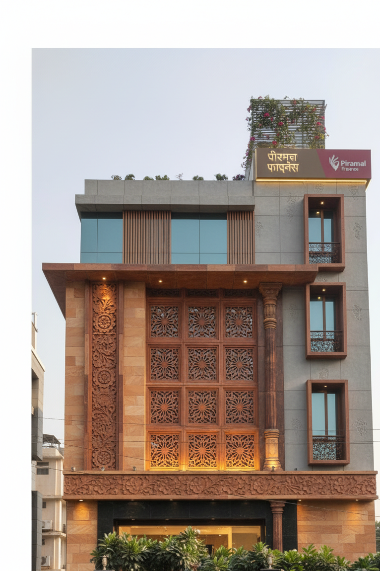 reimagine this facade in a new style, but contemporary, fix etire facade,d on miss any element, revamp this play with more material options, classical indian rustic but contempiorrary style