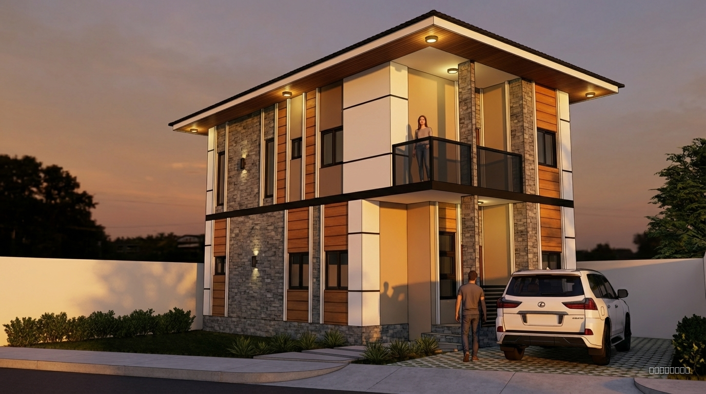 This is a 2-storey residential House. Afternoon sunlight/golden hour, showing the best facade look of the residential house. Clean minimalist composition, calming and inviting atmosphere, A very little sunlight facing the front of the house. Black tinted transparent glass, stone masonry inspired by the bahay-na-bato in the Philippines, warm wood, concrete. The mounted ceiling lights outside are warm and a little lit since it is afternoon only. Bushes around the residential house's setback, but minimal on the front. No bushes in the parking area. Make it easy and clean in the eyes. Make the pathway/ground covered with concrete plant pavers. Human (woman) in the balcony on the second floor. Another human (man) approaching the parked car. Make everything very and heavily realistic, strictly not cartoonish.