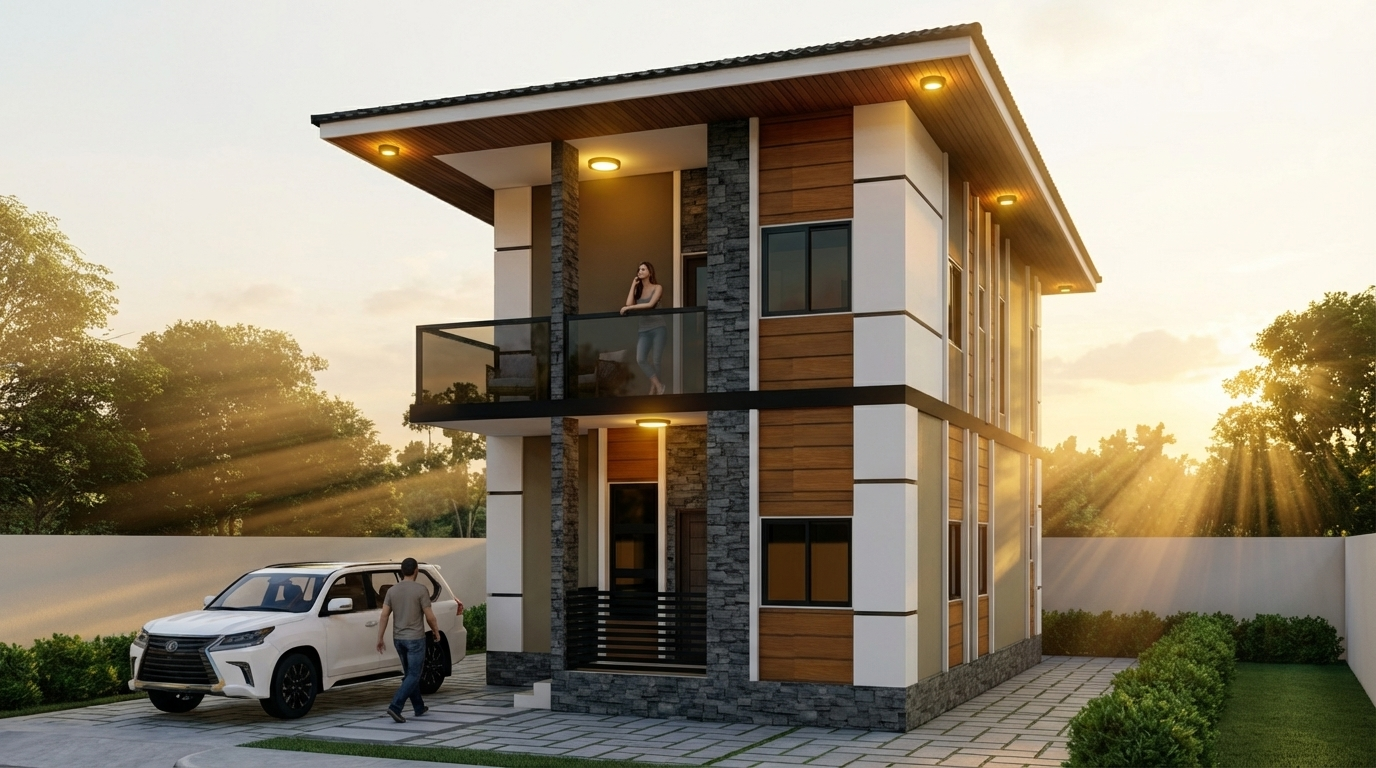 This is a 2-storey residential House. Afternoon sunlight/golden hour, showing the best facade look of the residential house. Clean minimalist composition, calming and inviting atmosphere, A little sunlight. Black tinted transparent glass, stone masonry inspired by the bahay-na-bato in the Philippines, warm wood, concrete. The mounted ceiling lights outside are warm and well-lit. Bushes around the residential house's setback, but minimal on the front. No bushes in the parking area. Make it easy and clean in the eyes. Make the pathway/ground covered with concrete plant pavers. Human (woman) in the balcony on the second floor. Another human (man) approaching the parked car. Make everything very and heavily realistic, strictly not cartoonish.