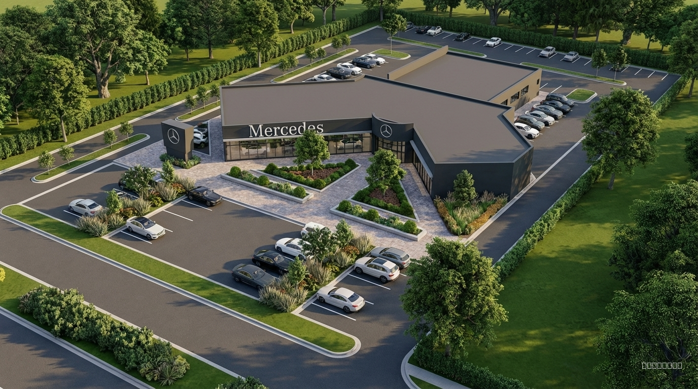 Render the image and adjust the landscape, and this landscape is for a car showroom