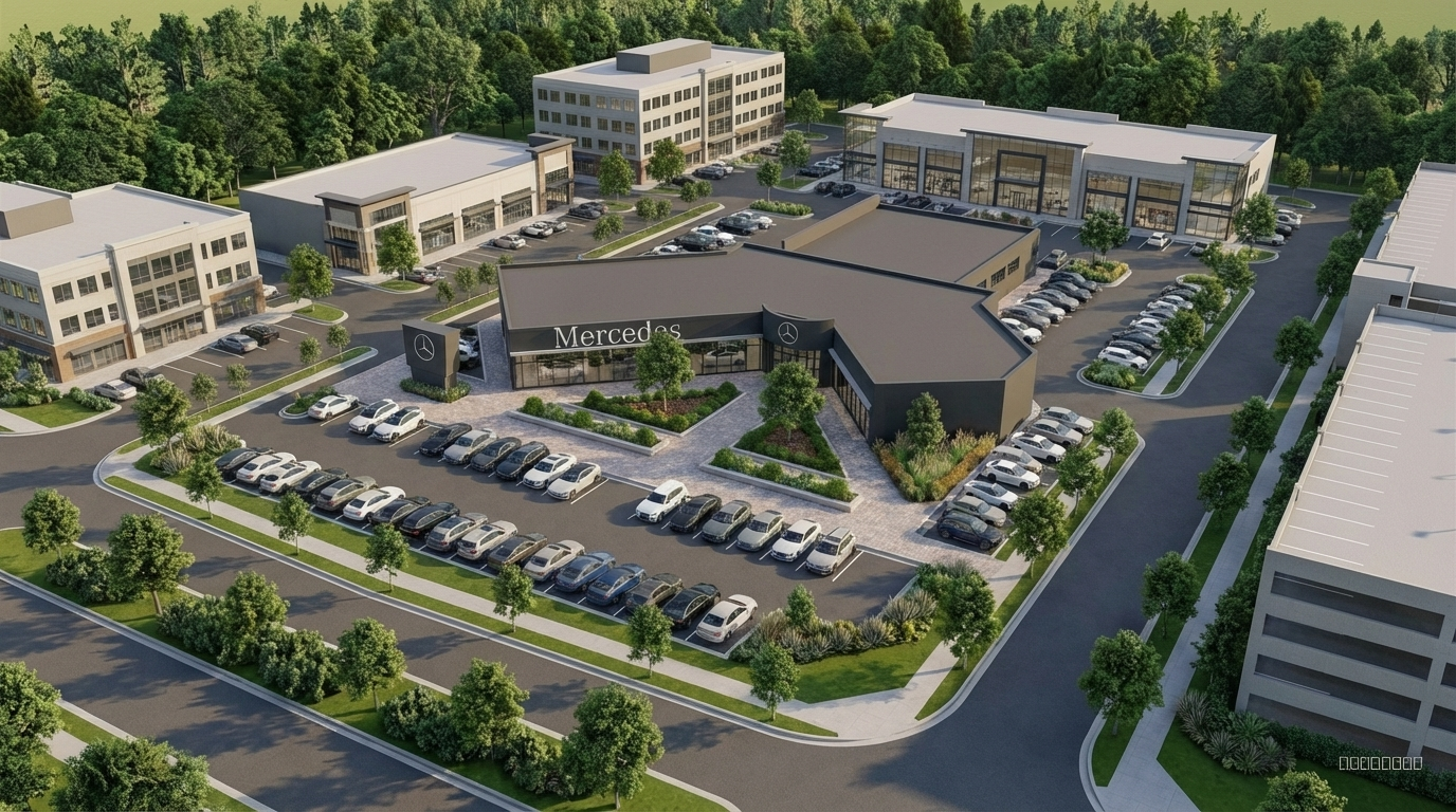 add more cars in front of the building for display And add surrounding buildings around the main building.