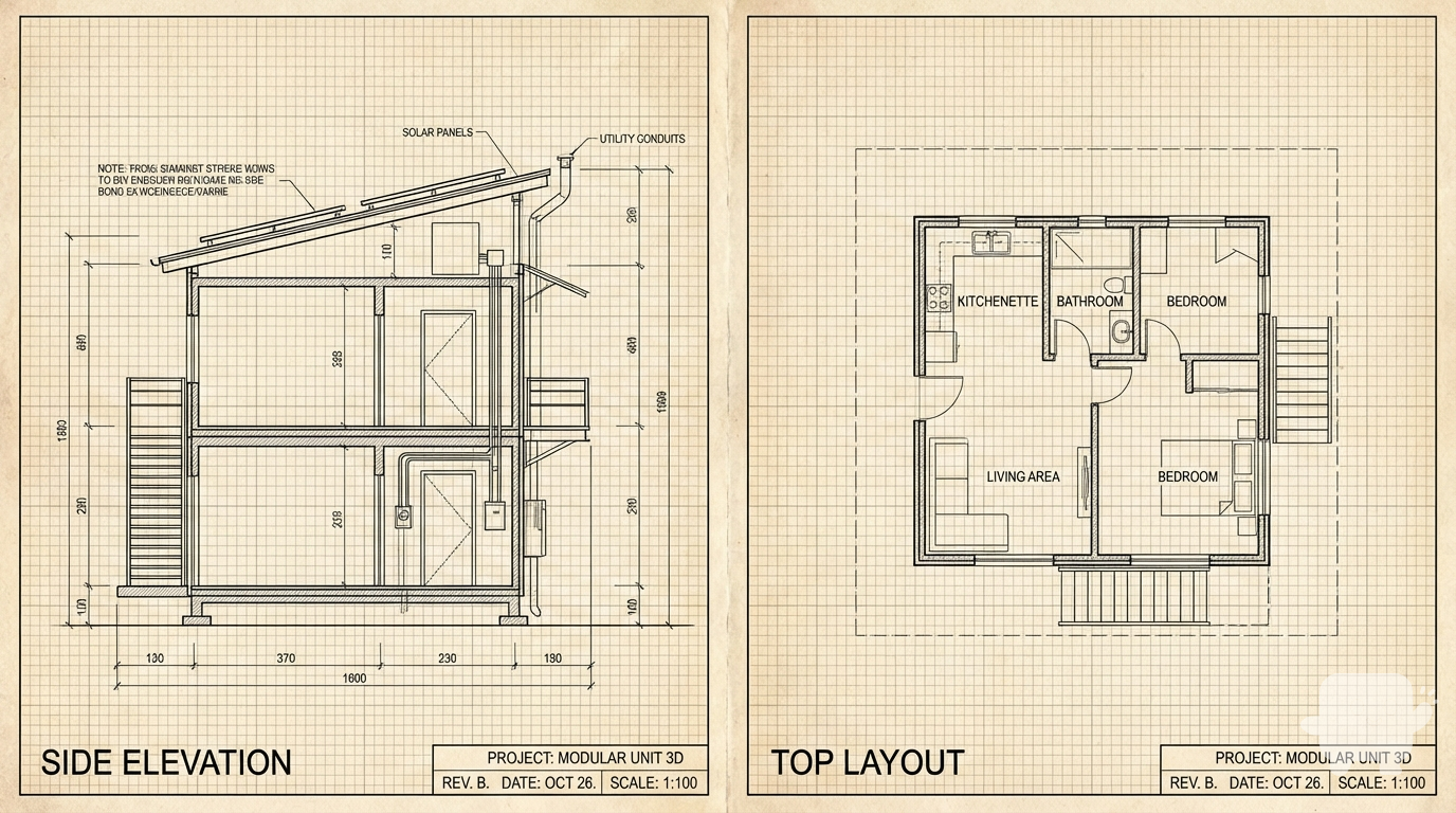 i want a side elevation and top layout for this 3d