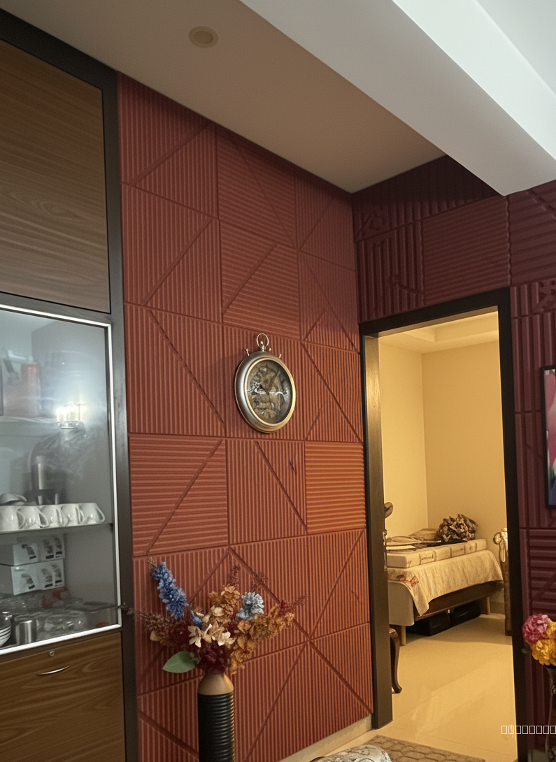 make the acoustic panel rust coloured, verical soft cnc on the panel, enhance the interior quality, make lighting warm, make hd 