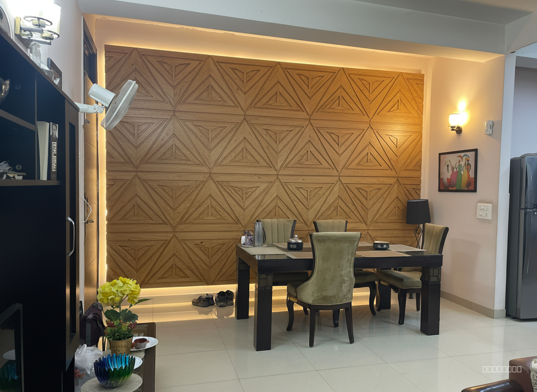 Put cnc acoustic panels on this home dining room, contemporary design, enhance the appeal, make cosy and inviting 