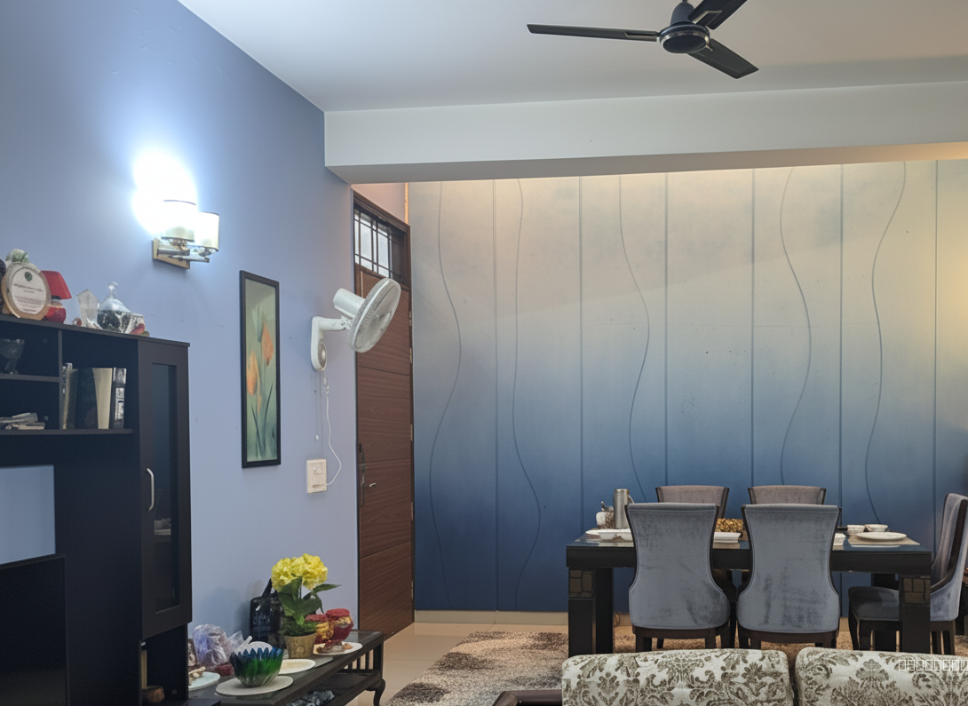 Make the walls powder blue, acoustic panel to be solid without cnc in powder blue with slightly darker shade at bottom, change wall lights, change wall colour to complementing blue, make the lighting cozy and better, make the chair colour greyish blue. Make the textures finishes realistic, with proper light reflection 