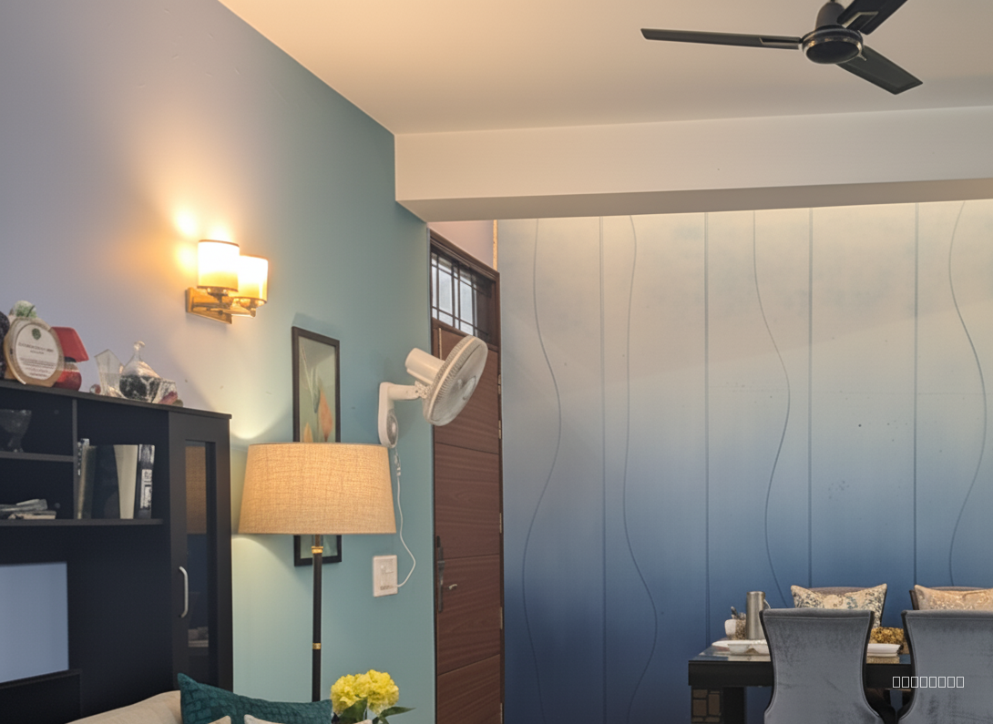 "Redesign this contemporary interior to evoke a luxurious yet cozy ambiance. Retain existing flooring, but introduce a large, plush area rug with a subtle geometric pattern in warm beige tones. The front wall should feature bespoke, ombre acoustic panels transitioning from a light powder blue at the top to a deeper navy at the bottom, subtly matching the new wall paint in a complementary soft teal shade. Existing furniture remains, but reupholster chairs in a textured velvet of a similar navy  hue. Introduce diffused, warm lighting (2700K) via recessed LED strip lighting along the ceiling perimeter and a sculptural floor lamp with a linen shade. Add decorative cushions in varying textures and patterns in shades of beige, cream and teal. Aim for an ultra-realistic, ultra HD render showcasing meticulous material detail and depth of field to emphasize the inviting atmosphere."