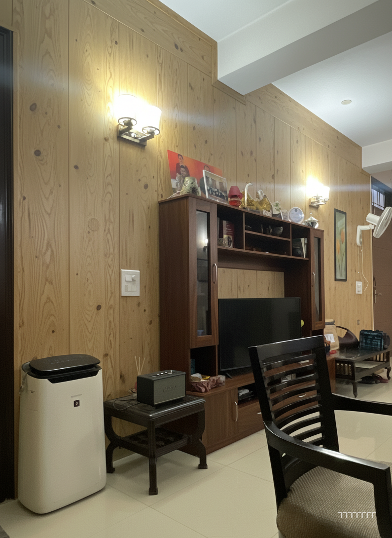 Put wooden wall panelling in light oak wood on the wall, chnage tv cabinet to walnut wood 