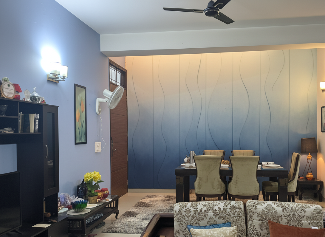 "Redesign the existing contemporary interior to create a luxuriously cozy and inviting space. Maintain the existing flooring but introduce a large, plush area rug with a subtle geometric pattern in muted greys and creams. The front wall should feature custom-designed acoustic panels in an ombre powder blue, transitioning from a lighter shade at the top to a deeper hue at the bottom. Match the surrounding wall paint to the dominant powder blue tone of the acoustic panels in a matte finish. Retain the existing furniture arrangement but reupholster the chairs in a textured velvet fabric in a complementary warm grey. Introduce diffused, warm lighting through recessed LED fixtures and strategically placed floor lamps with linen shades. Add decorative cushions in varying sizes and textures to the sofas. Aim for an ultra-realistic, ultra HD render showcasing high-quality materials and impeccable detailing. The overall atmosphere should evoke a sense of understated luxury and comfort."